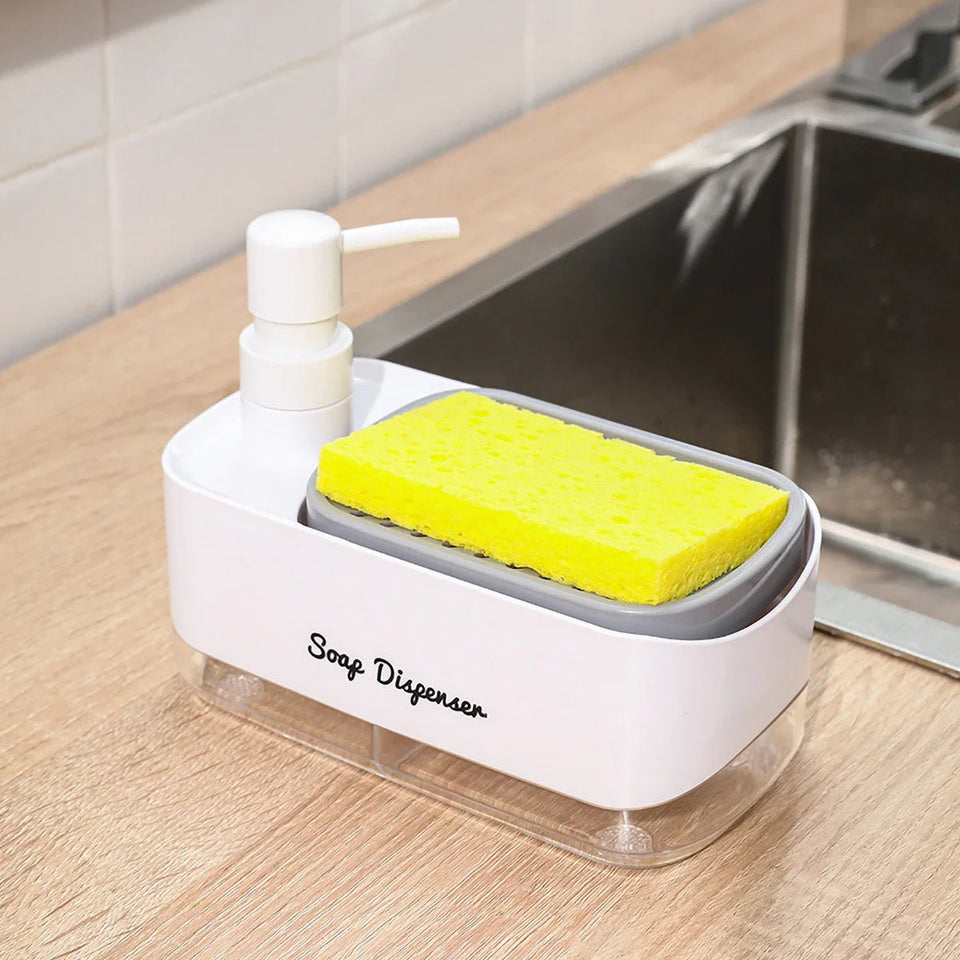 Press Type Kitchen Manual Soap Dispenser Hand Hand Pump Leak-Proof Detergent Dispenser with Sponge Holder Cleaning Tool