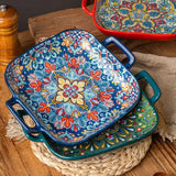 9-Inch Bohemian Retro Ceramic Dish with Double Ears – Oven & Microwave Safe