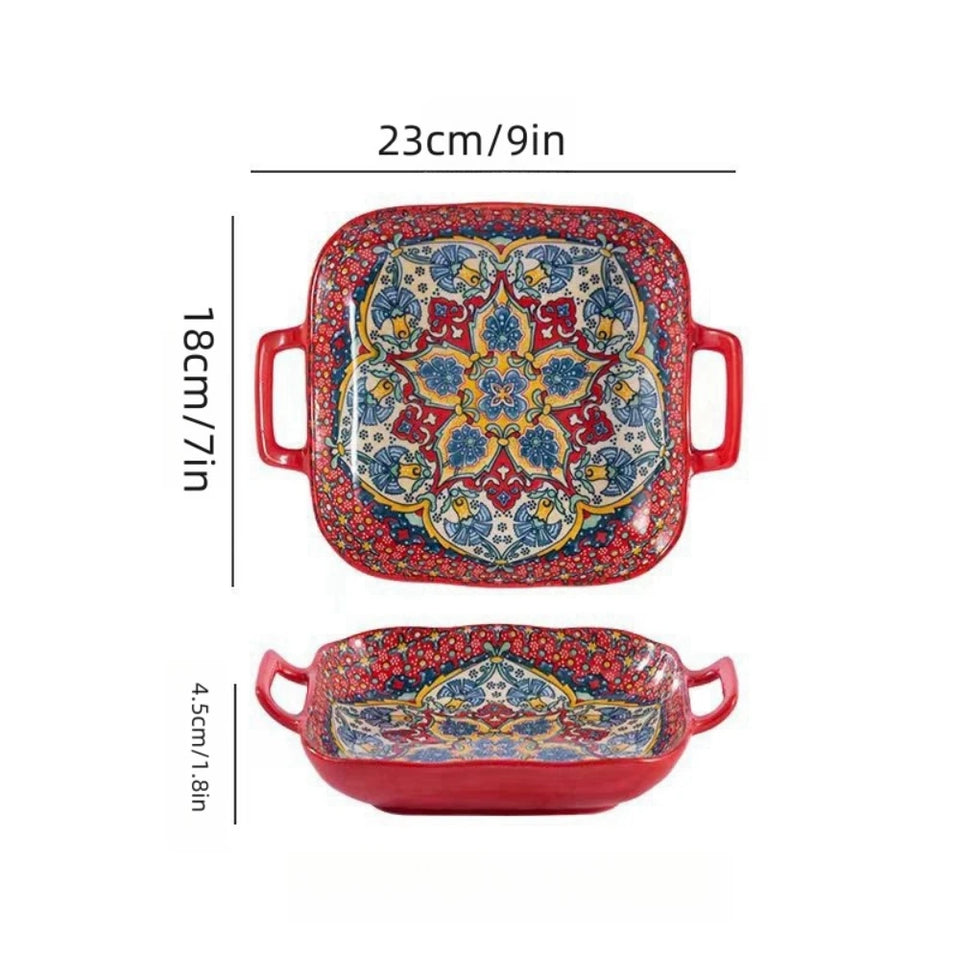 9-Inch Bohemian Retro Ceramic Dish with Double Ears – Oven & Microwave Safe