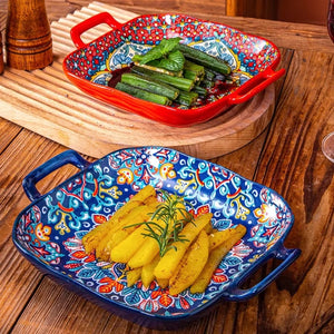 9-Inch Bohemian Retro Ceramic Dish with Double Ears – Oven & Microwave Safe