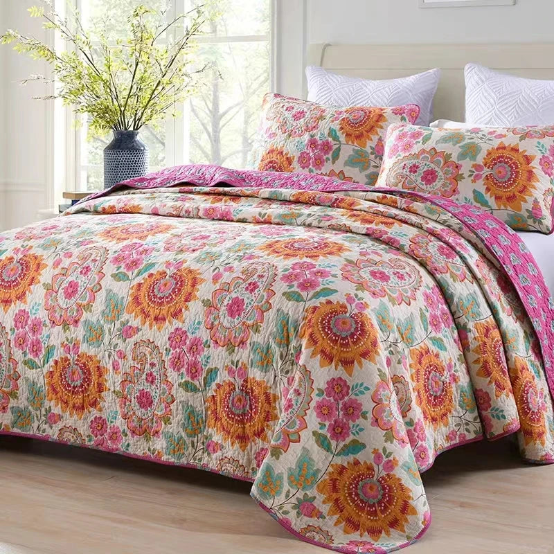 Luxury 500TC Pure Egyptian Cotton Boho Vintage Floral Reversible Bedcover Quilt Set – 3-Piece King & Queen Fit WHIMSICAL HOME OF CREATIONS