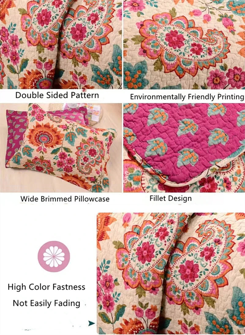 Luxury 500TC Pure Egyptian Cotton Boho Vintage Floral Reversible Bedcover Quilt Set – 3-Piece King & Queen Fit WHIMSICAL HOME OF CREATIONS