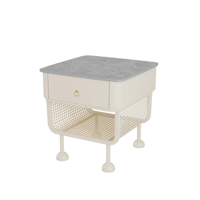 Luxury Modern Minimalist Scandinavian Nightstand – Marble Top with Woven Metal Storage