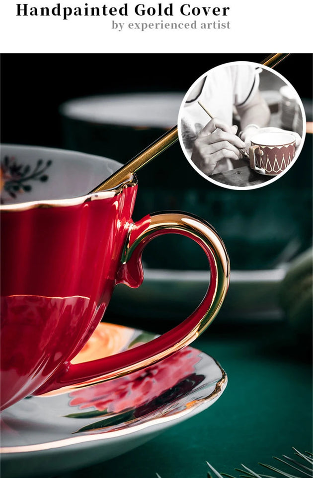 European Luxury Hand Painted Gold Bone China Coffee Cups & Saucers – 2-Piece High Gloss Set