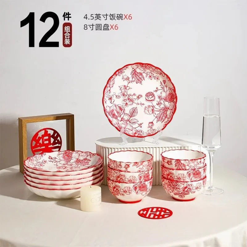 Timeless Elegance Red & White Flower Porcelain Dinnerware Set