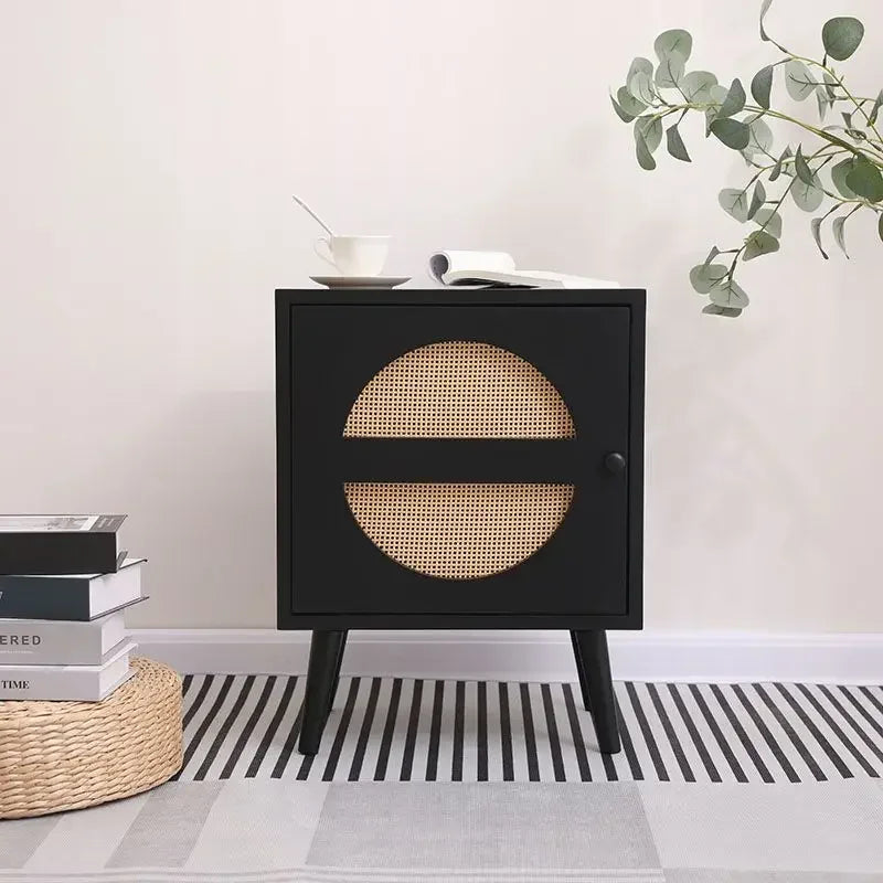 Scandinavian Cane Webbing Bedside Table – Modern Nordic Nightstand in Natural Wood Finish WHIMSICAL HOME OF CREATIONS