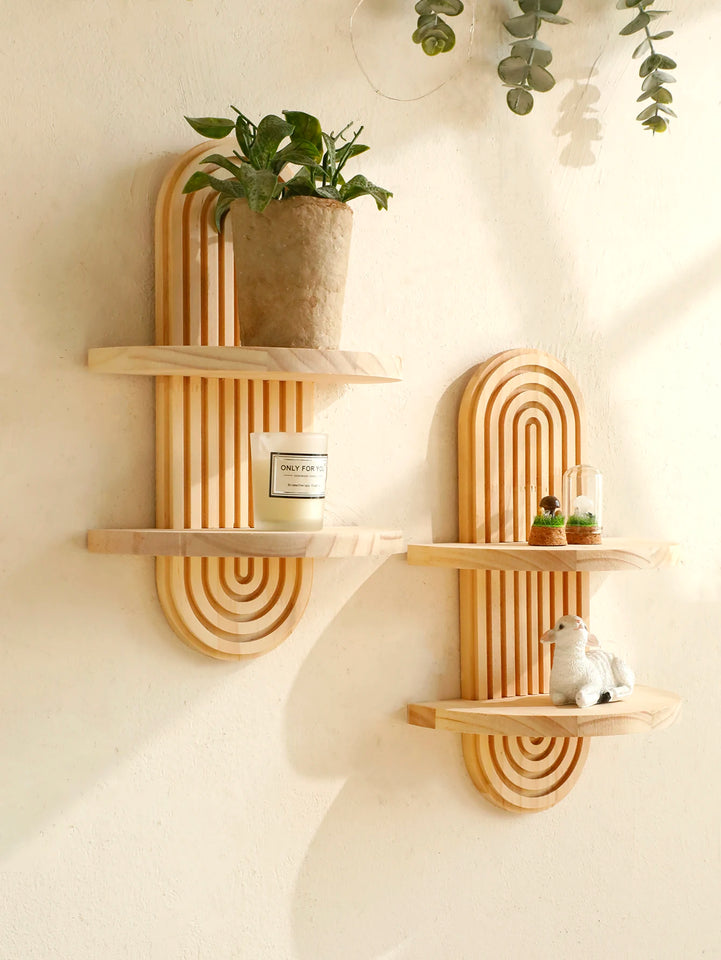 Geometric Wall Mounted Wooden  Shelves Natural Wood Finish