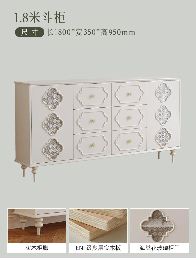 Luxury French Retro Sideboard Buffet Cabinet – Handcrafted Solid Wood with Begonia Glass & Designer Fretwork