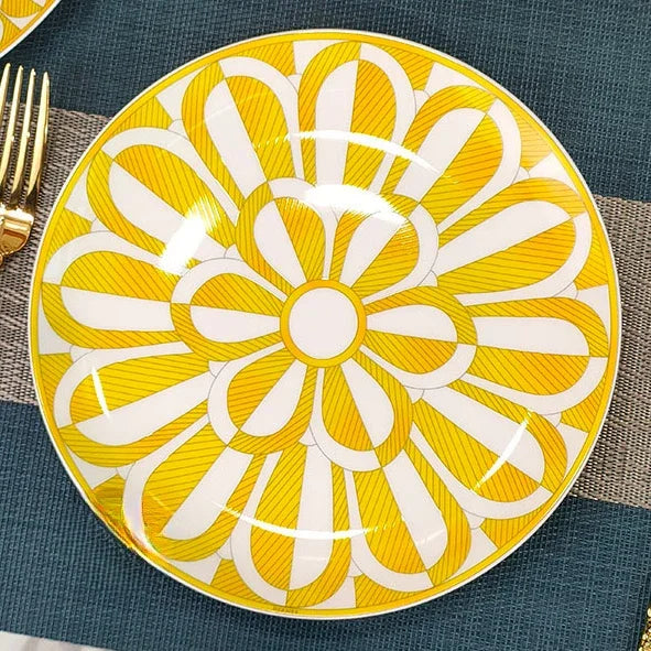 Elegant Bone China Dinnerware Set in Diamond Pattern – Sunshine Yellow