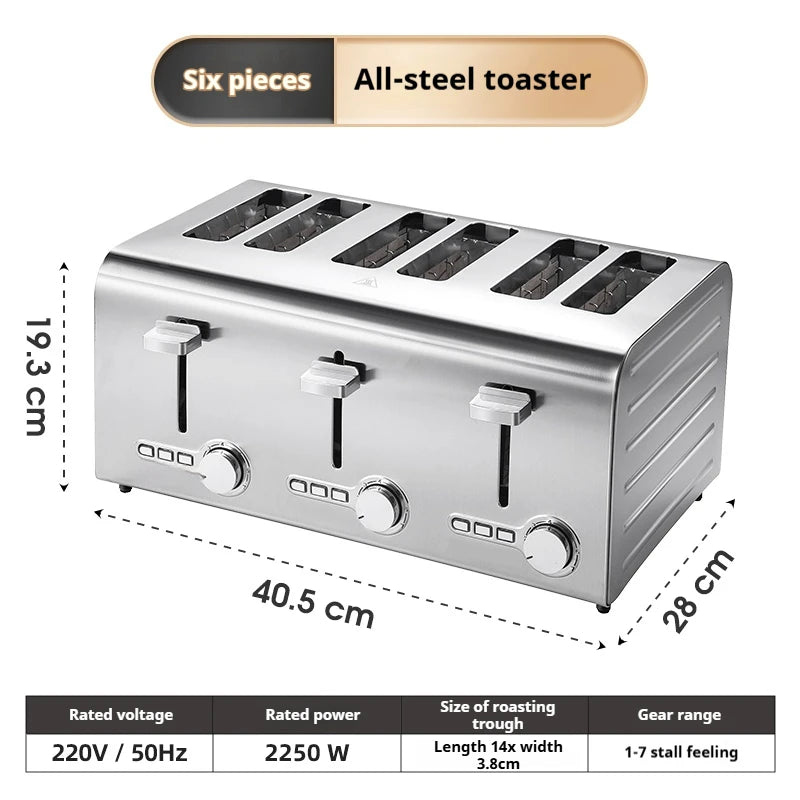 2250W High-Power 6-Slot Commercial Toaster – Quick 60-Second Toast, Stainless Steel