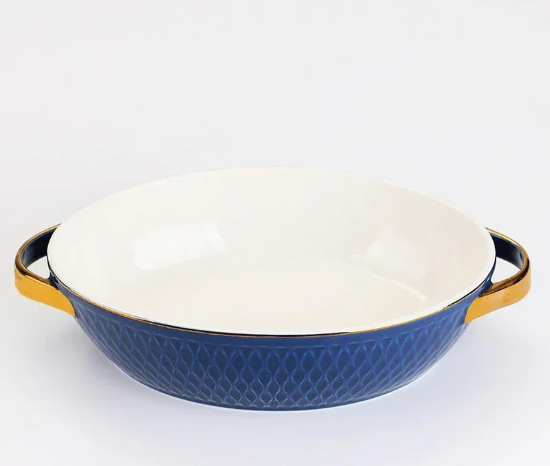Golden Edge Ceramic Baking Dish – Retro Elegance Meets Everyday Function(non burning handles) WHIMSICAL HOME OF CREATIONS