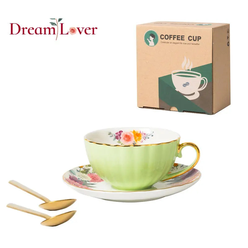 European Luxury Hand Painted Gold Bone China Coffee Cups & Saucers – 2-Piece High Gloss Set