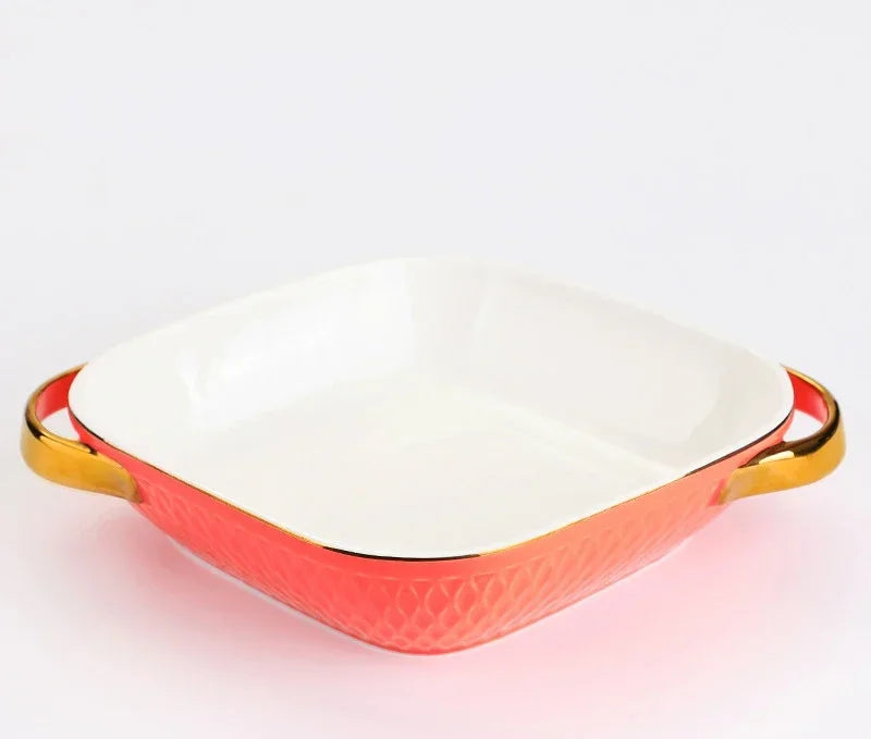Golden Edge Ceramic Baking Dish – Retro Elegance Meets Everyday Function(non burning handles)