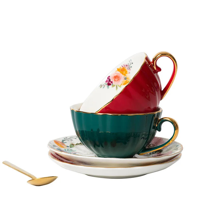 European Luxury Hand Painted Gold Bone China Coffee Cups & Saucers – 2-Piece High Gloss Set