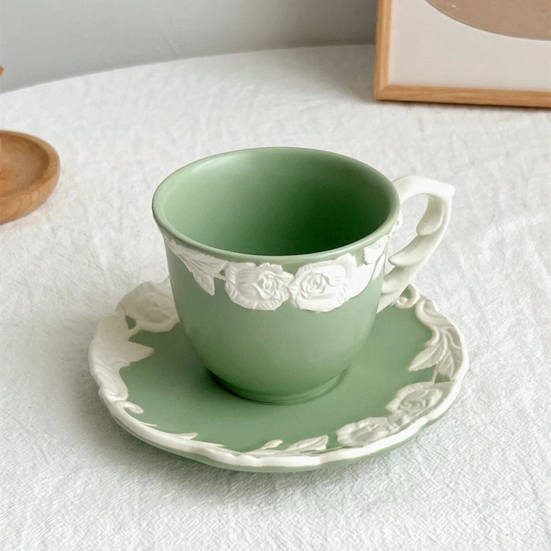 Vintage-Inspired Rose Tea & Coffee Cup Set with Saucer and Cake plate