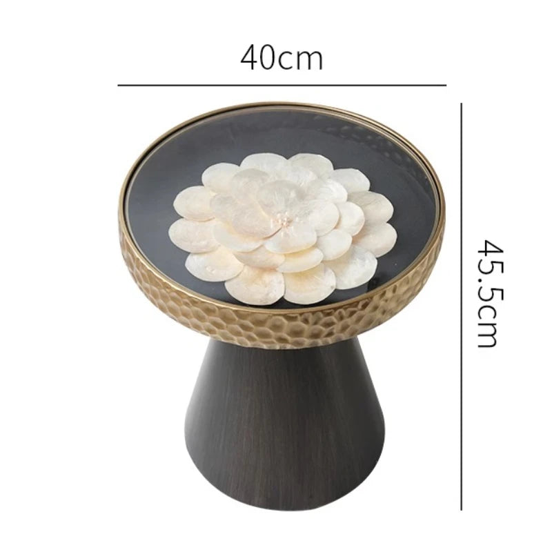 Uitstekende Luukse Art Deco Boho Koffietafel – Handgemaakte Natuurlike Skulp Inlegsel met Smeeyster Geometriese Basis &amp; Glasblad