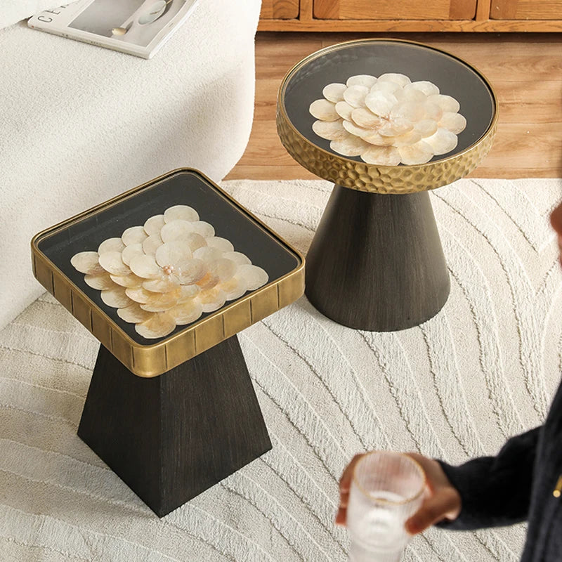 Uitstekende Luukse Art Deco Boho Koffietafel – Handgemaakte Natuurlike Skulp Inlegsel met Smeeyster Geometriese Basis &amp; Glasblad