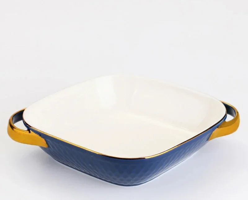 Golden Edge Ceramic Baking Dish – Retro Elegance Meets Everyday Function(non burning handles)