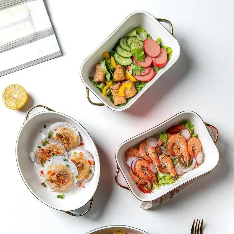 Golden Edge Ceramic Baking Dish – Retro Elegance Meets Everyday Function(non burning handles)