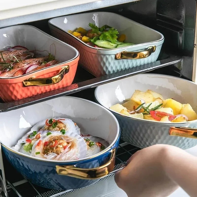 Golden Edge Ceramic Baking Dish – Retro Elegance Meets Everyday Function(non burning handles) WHIMSICAL HOME OF CREATIONS