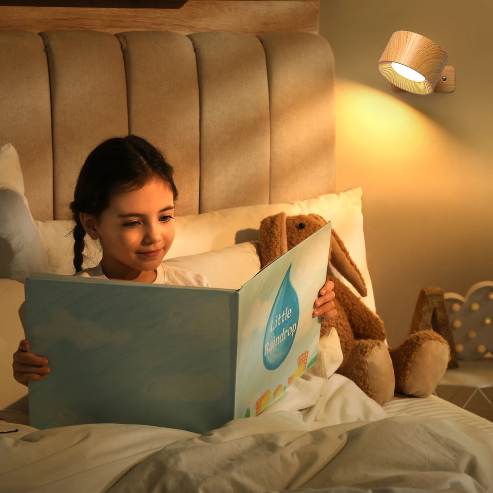 Wooden LED Wall Sconce, 360° Rotatable Dimmable Magnetic Touch Control Rechargeable Battery Operated
