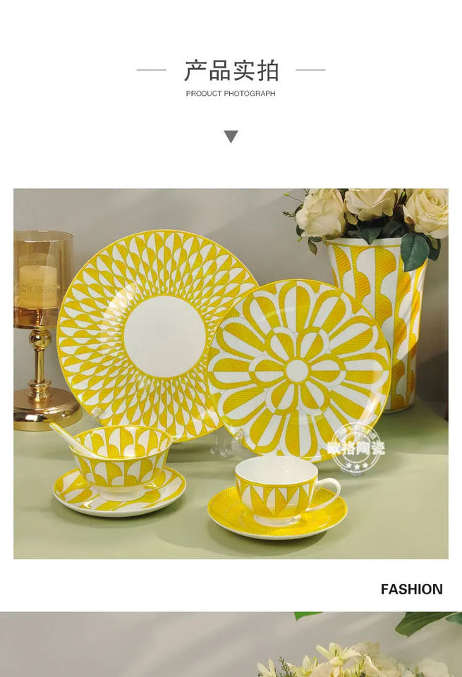 Elegant Bone China Dinnerware Set in Diamond Pattern – Sunshine Yellow