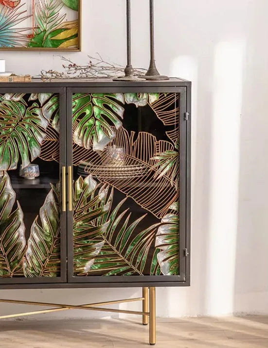 Green & Gold Leaf Vintage Sideboard Cabinet