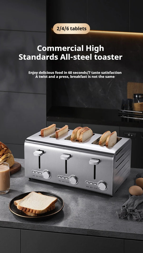 2250W High-Power 6-Slot Commercial Toaster – Quick 60-Second Toast, Stainless Steel