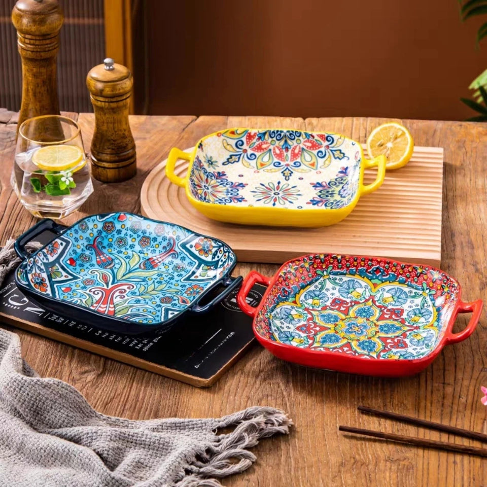 9-Inch Bohemian Retro Ceramic Dish with Double Ears – Oven & Microwave Safe