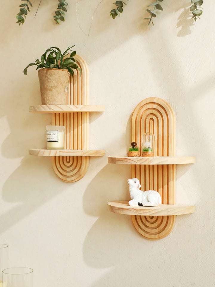 Geometric Wall Mounted Wooden  Shelves Natural Wood Finish
