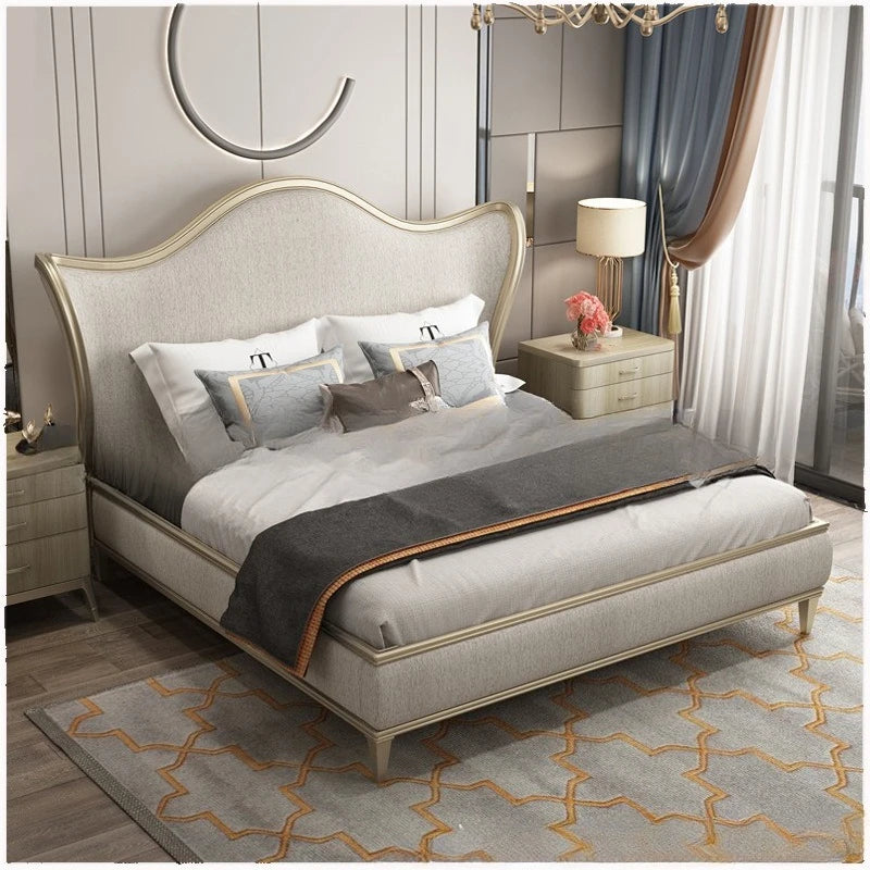 Luxury Contemporary Arched Headboard Bed – Upholstered Fabric with Champagne Gold Trim (Double Size, 1200mm Width)