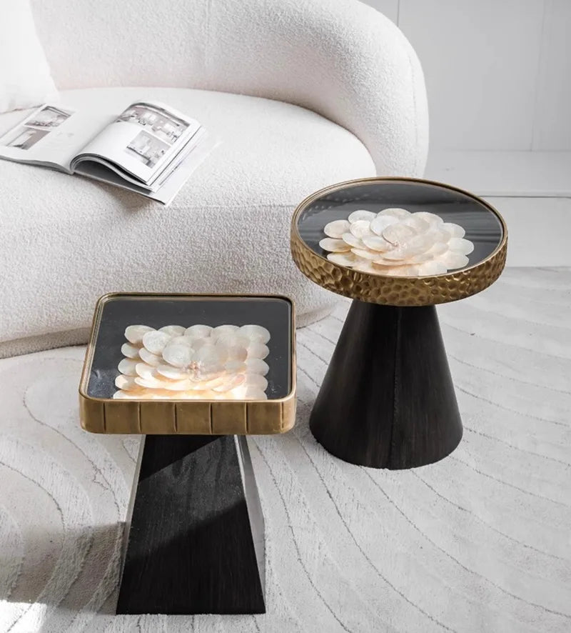 Uitstekende Luukse Art Deco Boho Koffietafel – Handgemaakte Natuurlike Skulp Inlegsel met Smeeyster Geometriese Basis &amp; Glasblad