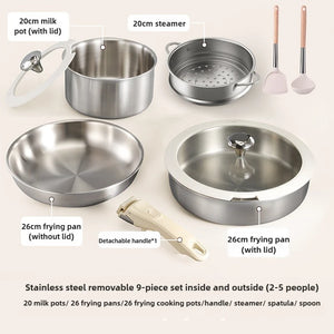 9pcs Stainless Steel Detachable Handle Cookware Pots and Pans Set