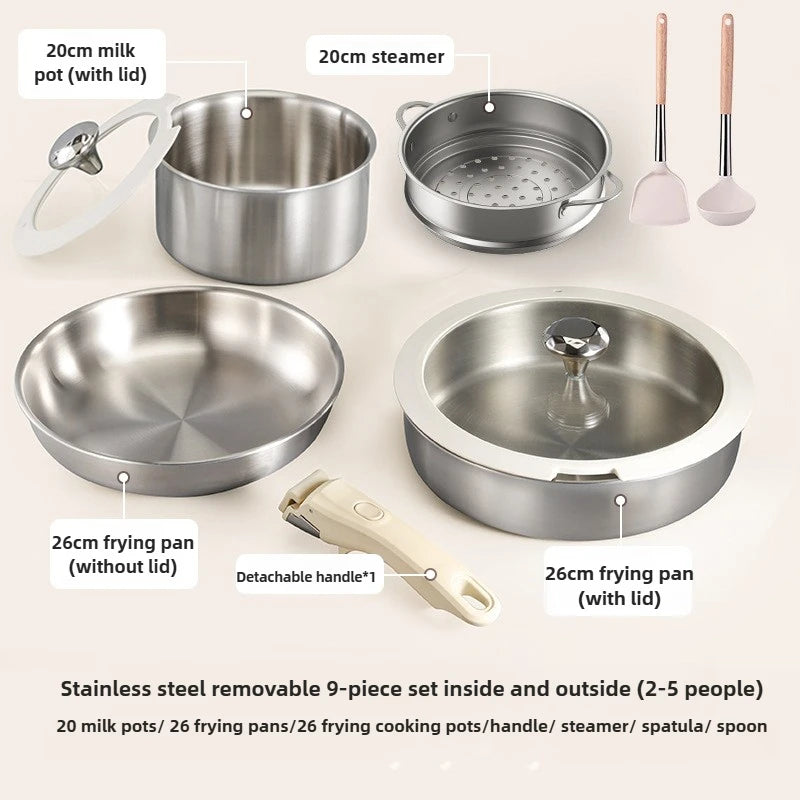 9pcs Stainless Steel Detachable Handle Cookware Pots and Pans Set