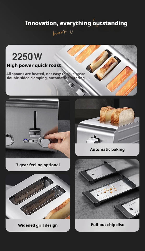 2250W High-Power 6-Slot Commercial Toaster – Quick 60-Second Toast, Stainless Steel