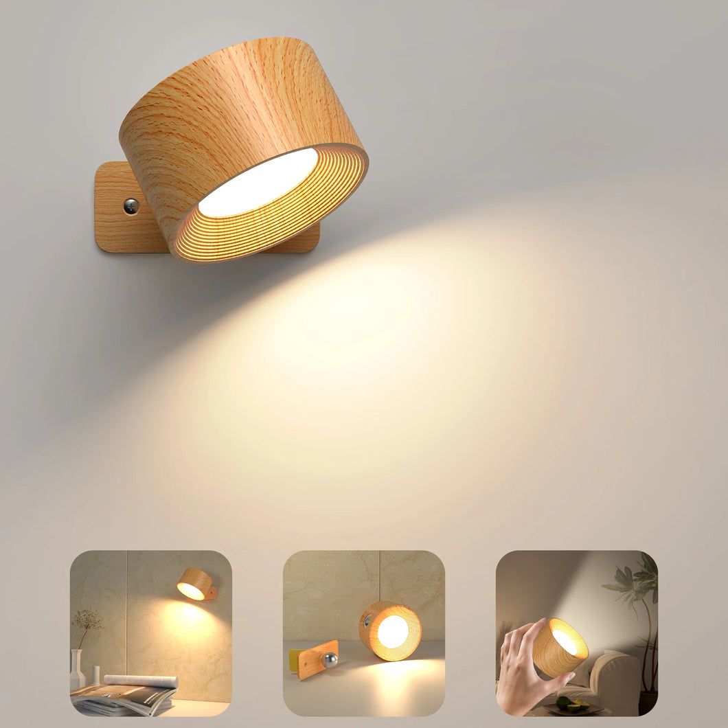 Wooden LED Wall Sconce, 360° Rotatable Dimmable Magnetic Touch Control Rechargeable Battery Operated