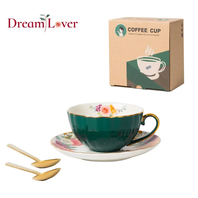 European Luxury Hand Painted Gold Bone China Coffee Cups & Saucers – 2-Piece High Gloss Set