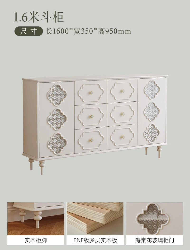 Luxury French Retro Sideboard Buffet Cabinet – Handcrafted Solid Wood with Begonia Glass & Designer Fretwork
