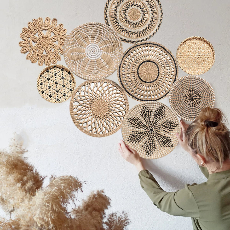 9-Piece Boho & Hamptons Style Rattan Wall Hanging Set – Neutral Tones & Timeless Sophistication