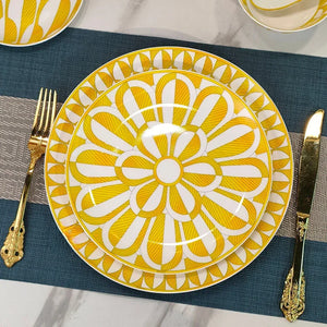 Elegant Bone China Dinnerware Set in Diamond Pattern – Sunshine Yellow