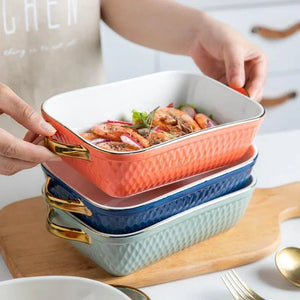 Golden Edge Ceramic Baking Dish – Retro Elegance Meets Everyday Function(non burning handles)