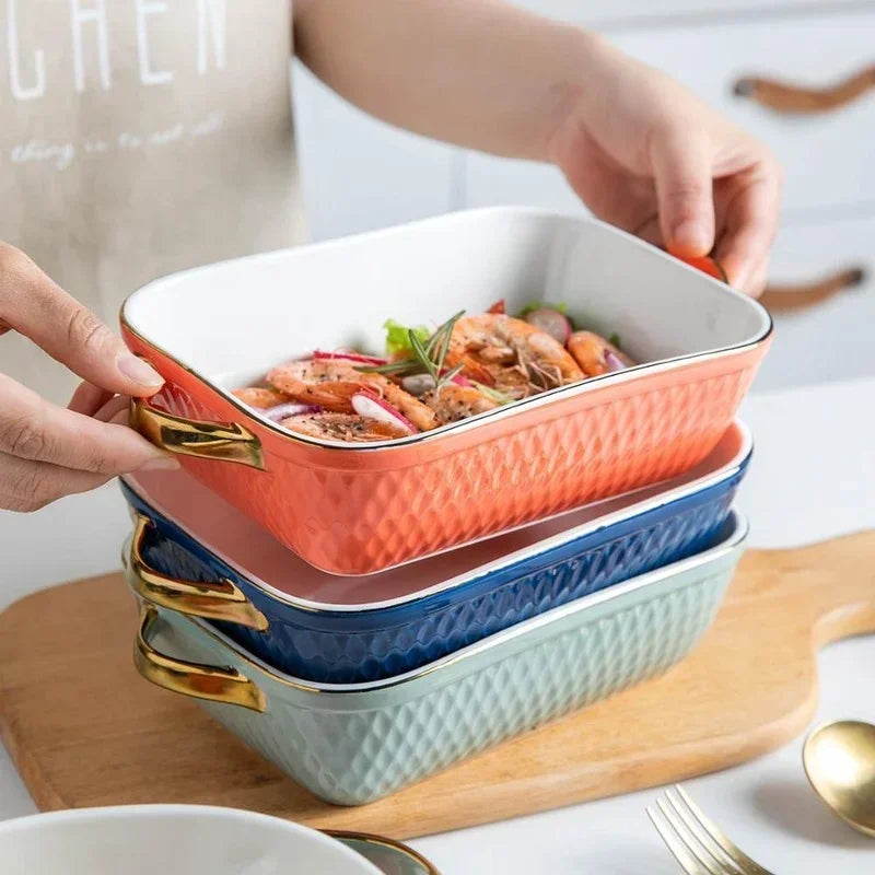 Golden Edge Ceramic Baking Dish – Retro Elegance Meets Everyday Function(non burning handles)