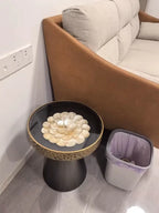 Uitstekende Luukse Art Deco Boho Koffietafel – Handgemaakte Natuurlike Skulp Inlegsel met Smeeyster Geometriese Basis &amp; Glasblad