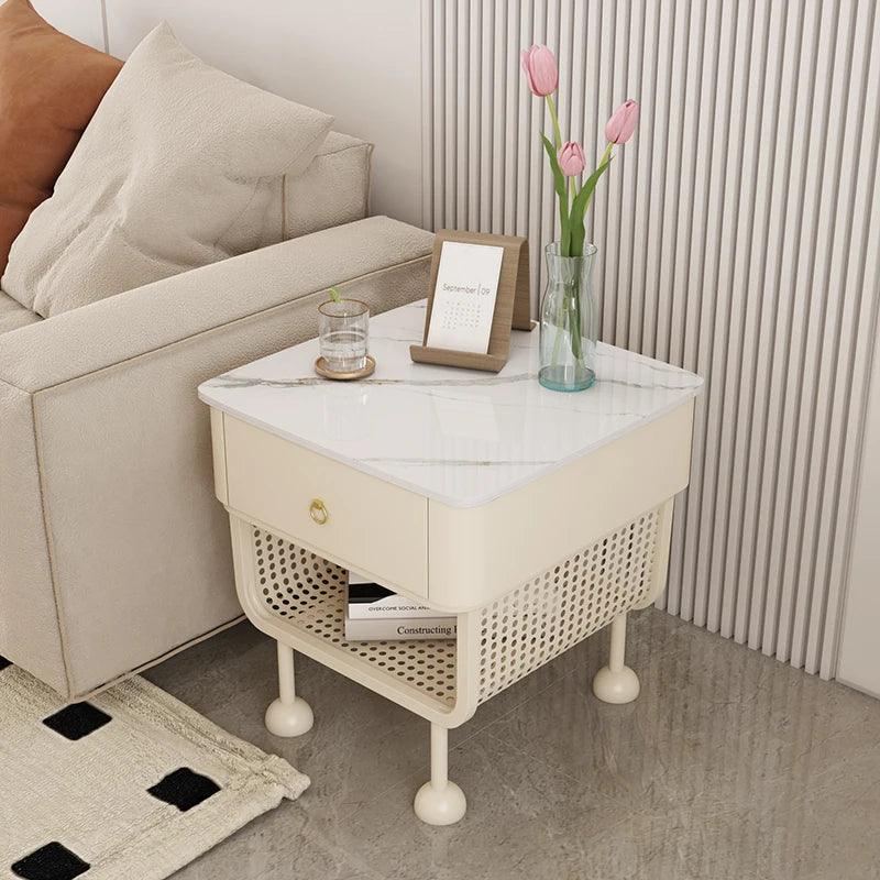 Luxury Modern Minimalist Scandinavian Nightstand – Marble Top with Woven Metal Storage