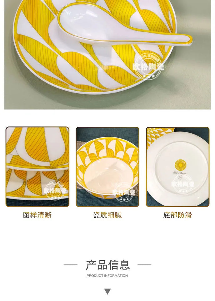Elegant Bone China Dinnerware Set in Diamond Pattern – Sunshine Yellow