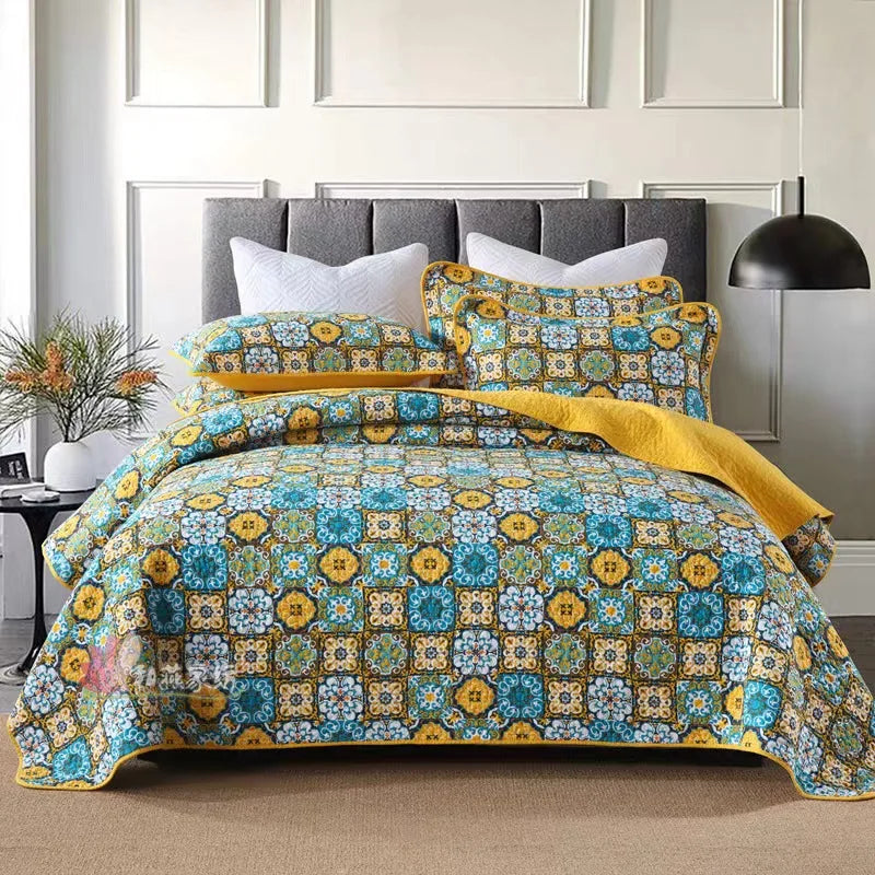 Luxury 500TC Pure Egyptian Cotton Boho Vintage Floral Reversible Bedcover Quilt Set – 3-Piece King & Queen Fit WHIMSICAL HOME OF CREATIONS