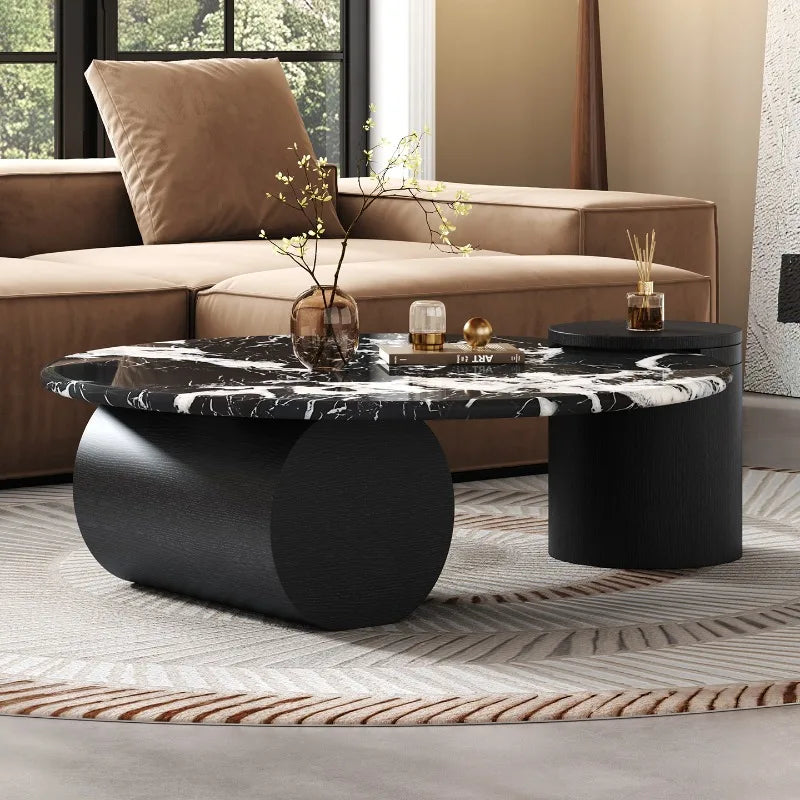 Moderne Hedendaagse Luukse Marmer Koffietafel – Minimalistiese Natuursteen met Massiewe Houtraam