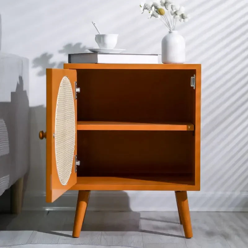 Scandinavian Cane Webbing Bedside Table – Modern Nordic Nightstand in Natural Wood Finish WHIMSICAL HOME OF CREATIONS