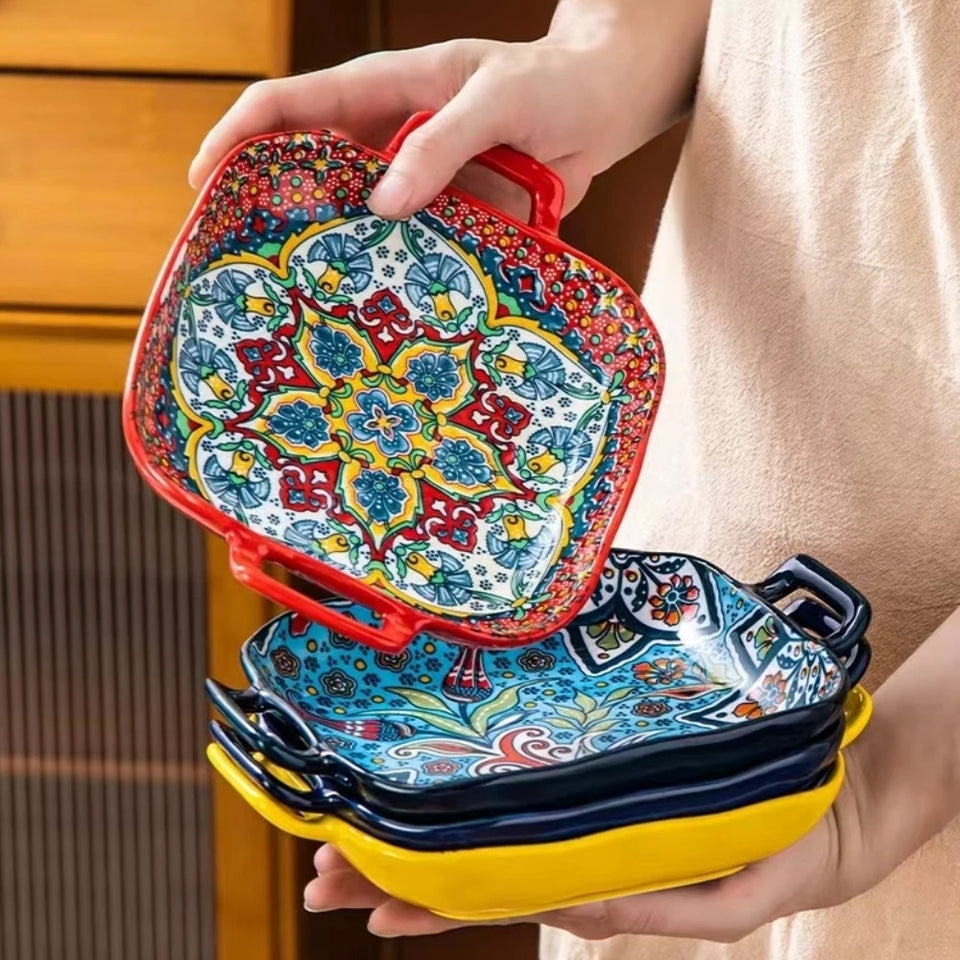 9-Inch Bohemian Retro Ceramic Dish with Double Ears – Oven & Microwave Safe