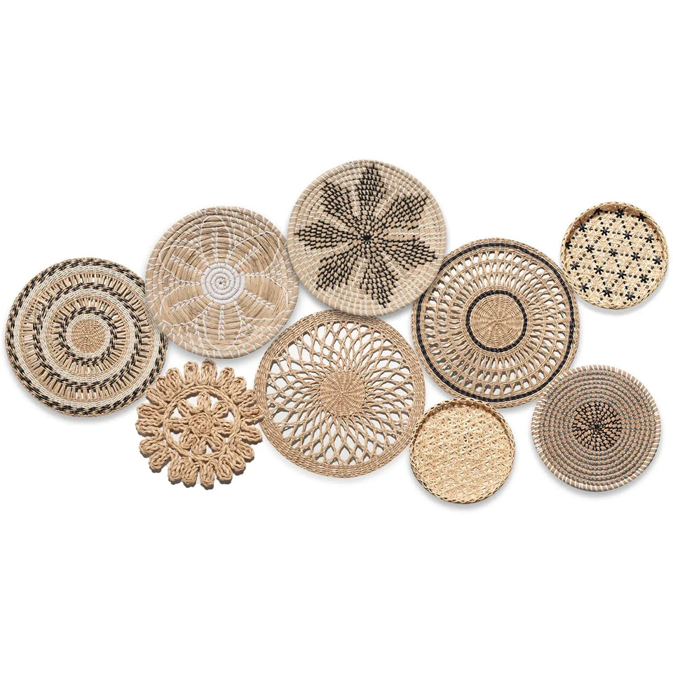 9-Piece Boho & Hamptons Style Rattan Wall Hanging Set – Neutral Tones & Timeless Sophistication